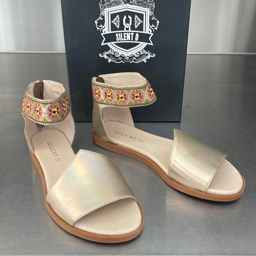 “Garden Glimmer” champagne leather sandals. New from Sundance.